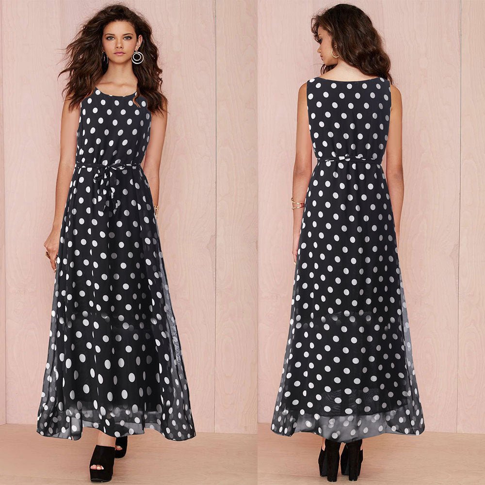 Women's Black And White Polka Dot Chiffon Big Swing Dress - PratSN