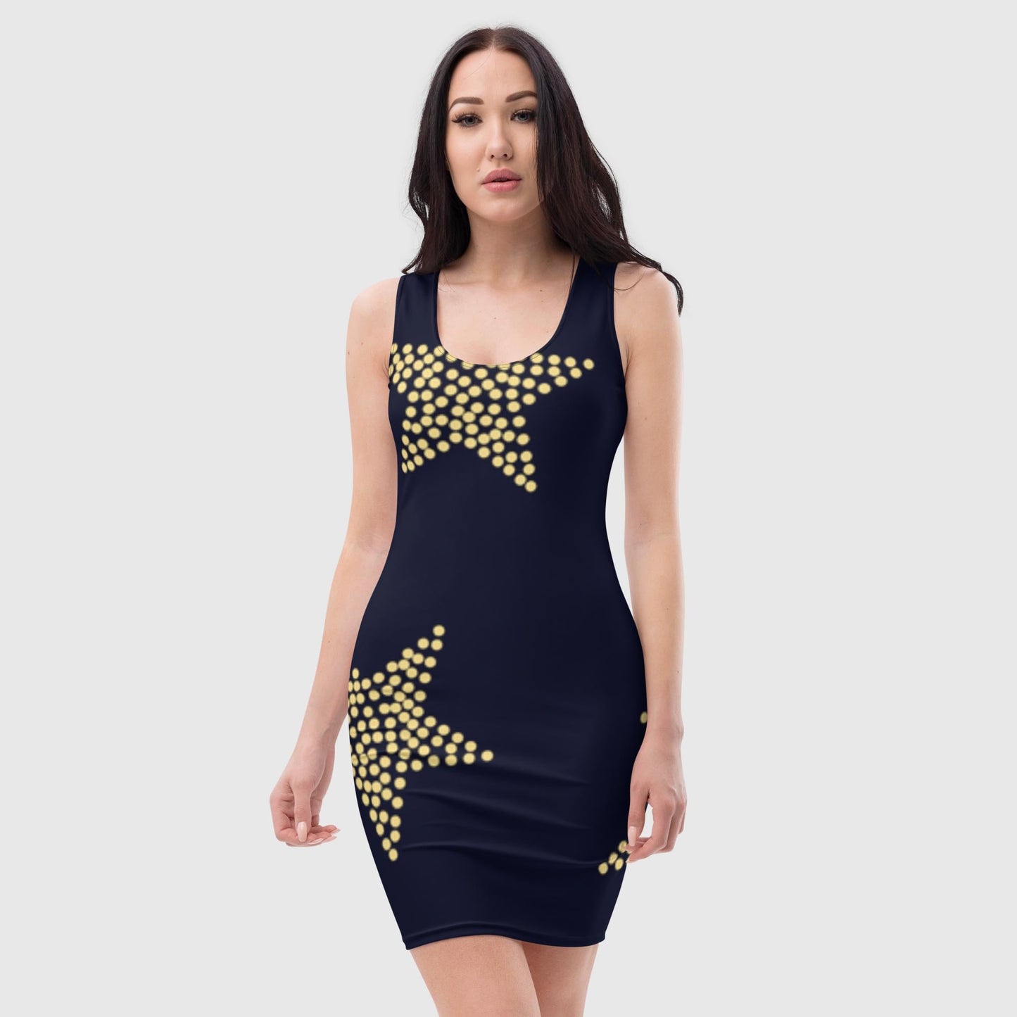 Women's bodycon dress, Black and light yellow bodycon dress, Star pattern dress, Body hugging fit tank top dress, elegant bodycon, sleeveless dress for your favorite party, summer and spring dress - PratSN