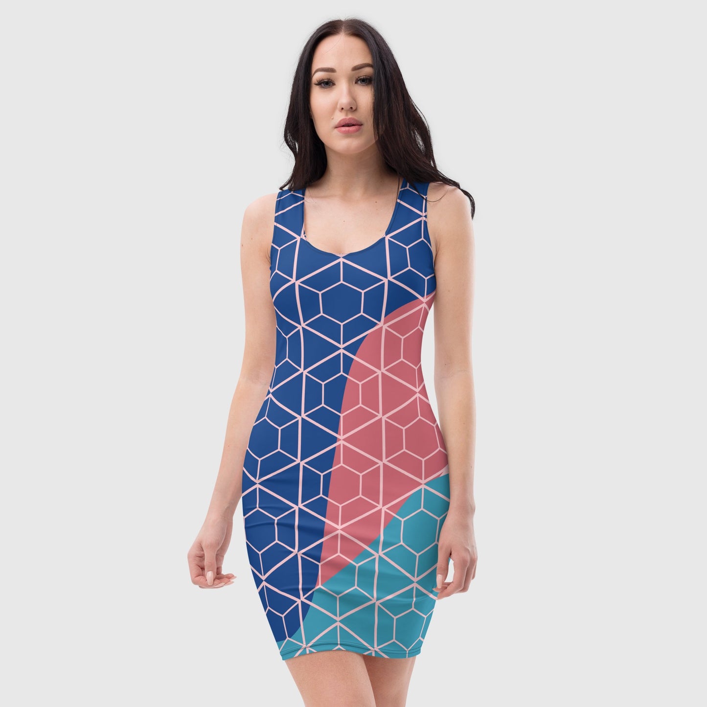 Women's bodycon dress, Blue, pink and lagoon bodycon dress, Geometric pattern dress, Body hugging fit tank top dress, elegant bodycon, sleeveless dress for your favorite party, summer and spring dress - PratSN