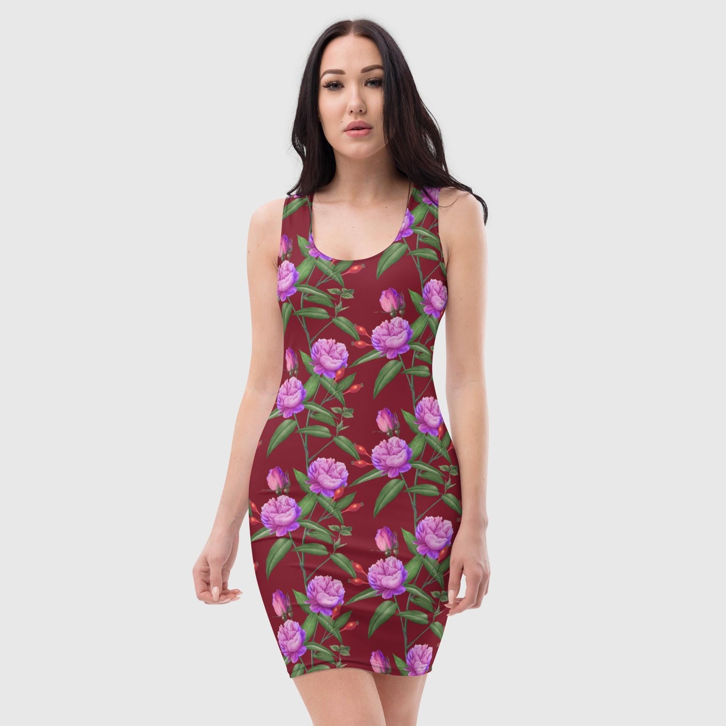 Women's bodycon dress, Burgundy and pink bodycon dress, Blooming pattern dress, Body hugging fit tank top dress, elegant bodycon, sleeveless dress for your favorite party, summer and spring dress - PratSN