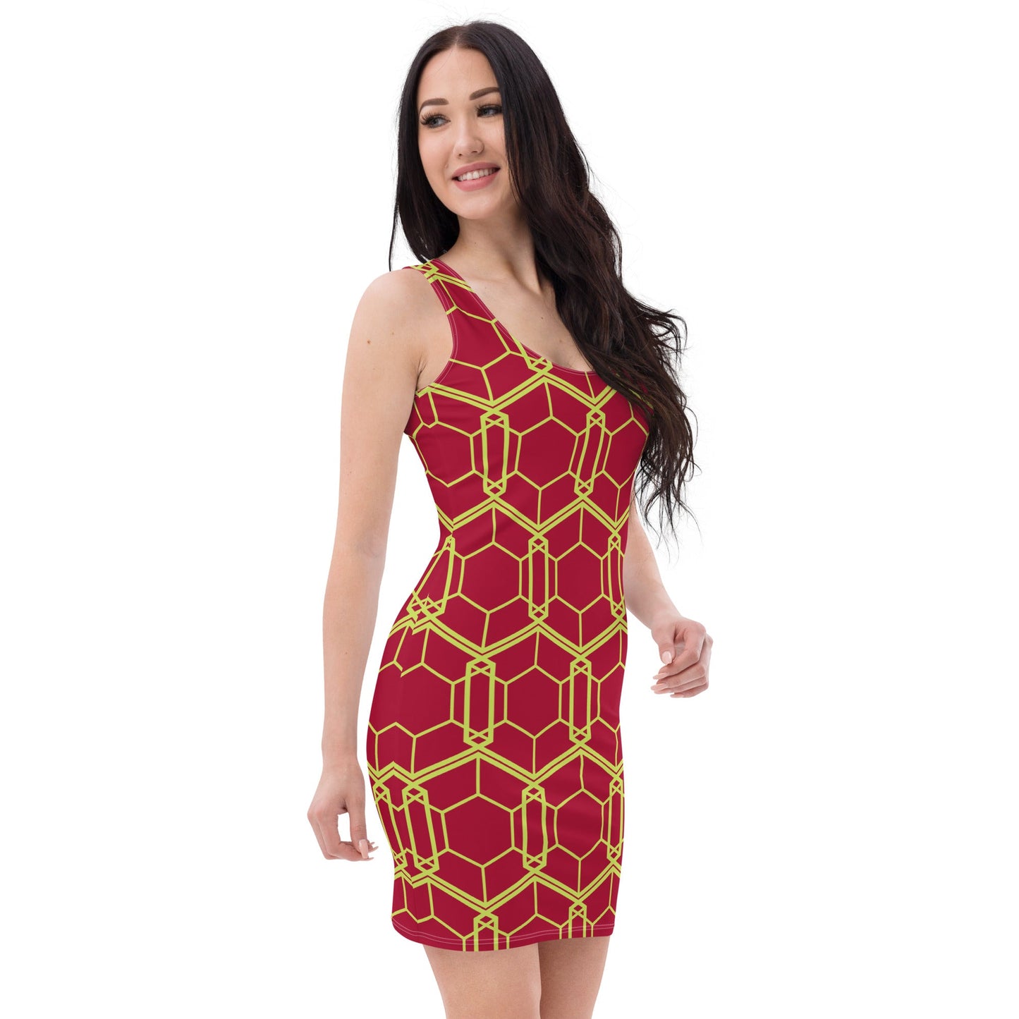Women's Bodycon dress, Geometric Pattern, Carmine Red and Mindaro Green Pencil Dress Body hugging fit tank top dress, elegant bodycon, sleeveless dress for your favorite party, summer and spring - PratSN