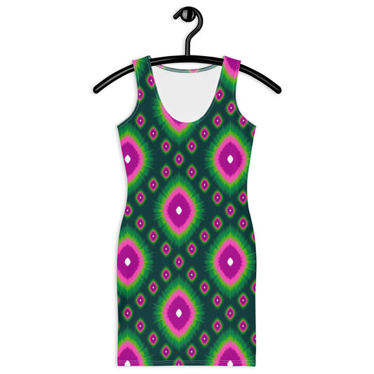 Women's Bodycon dress, Green Pink bodycon dress, Blooming pattern dress, Body hugging fit tank top dress, elegant bodycon, sleeveless dress for your favorite party, summer and spring dress - PratSN