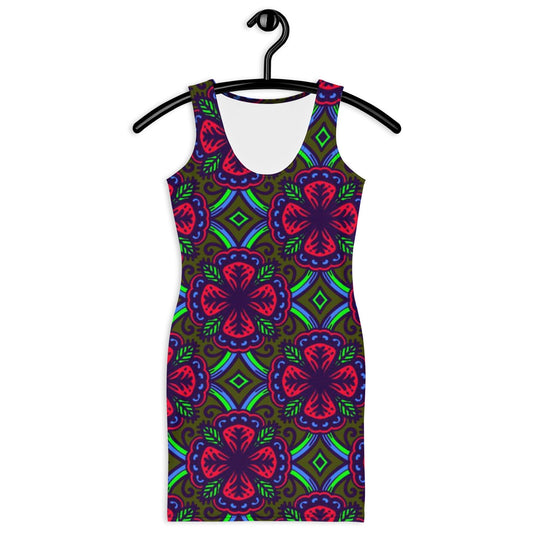 Women's Bodycon dress, Red and Green bodycon dress, Blooming pattern dress, Body hugging fit tank top dress, elegant bodycon, sleeveless dress for your favorite party, summer and spring dress - PratSN