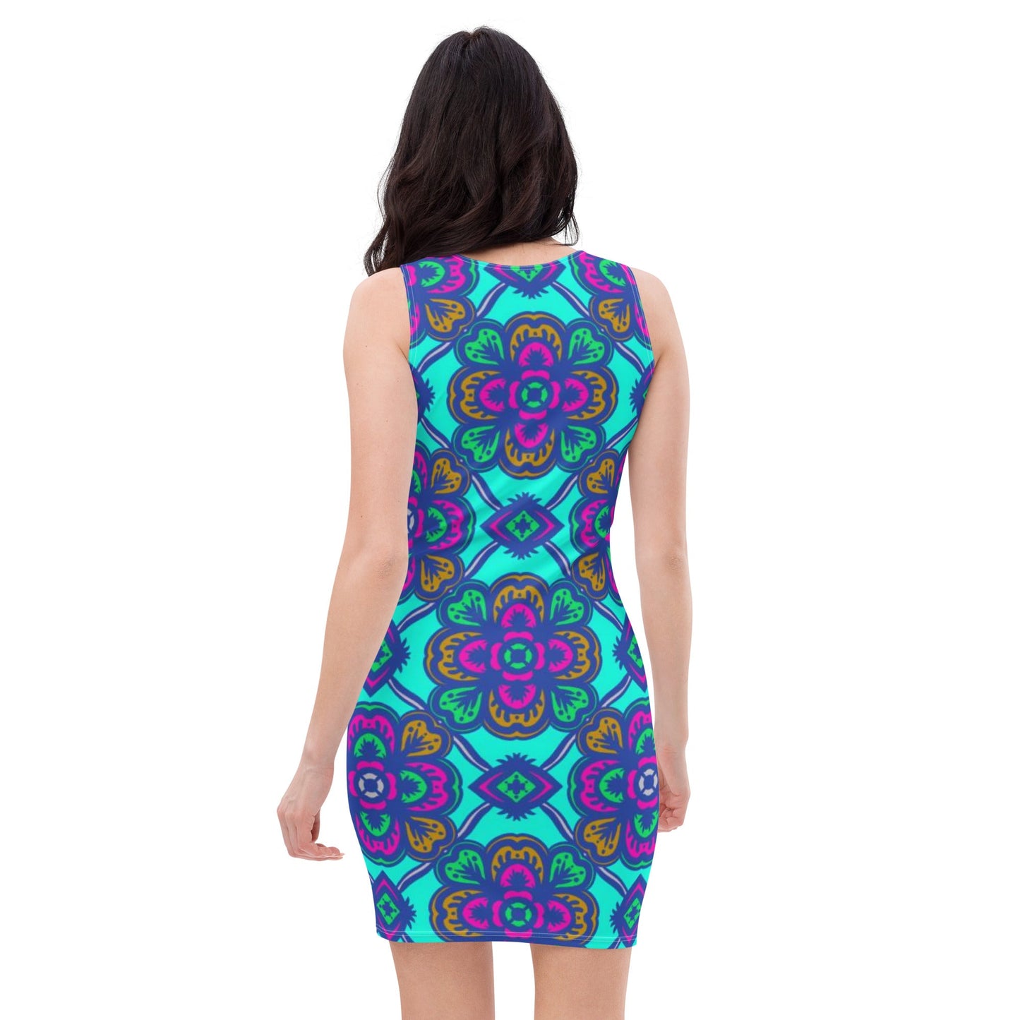 Women's Bodycon dress, Sky Blue and Purple bodycon dress, Blooming pattern dress, Body hugging fit tank top dress, elegant bodycon, sleeveless dress for your favorite party, summer and spring dress - PratSN