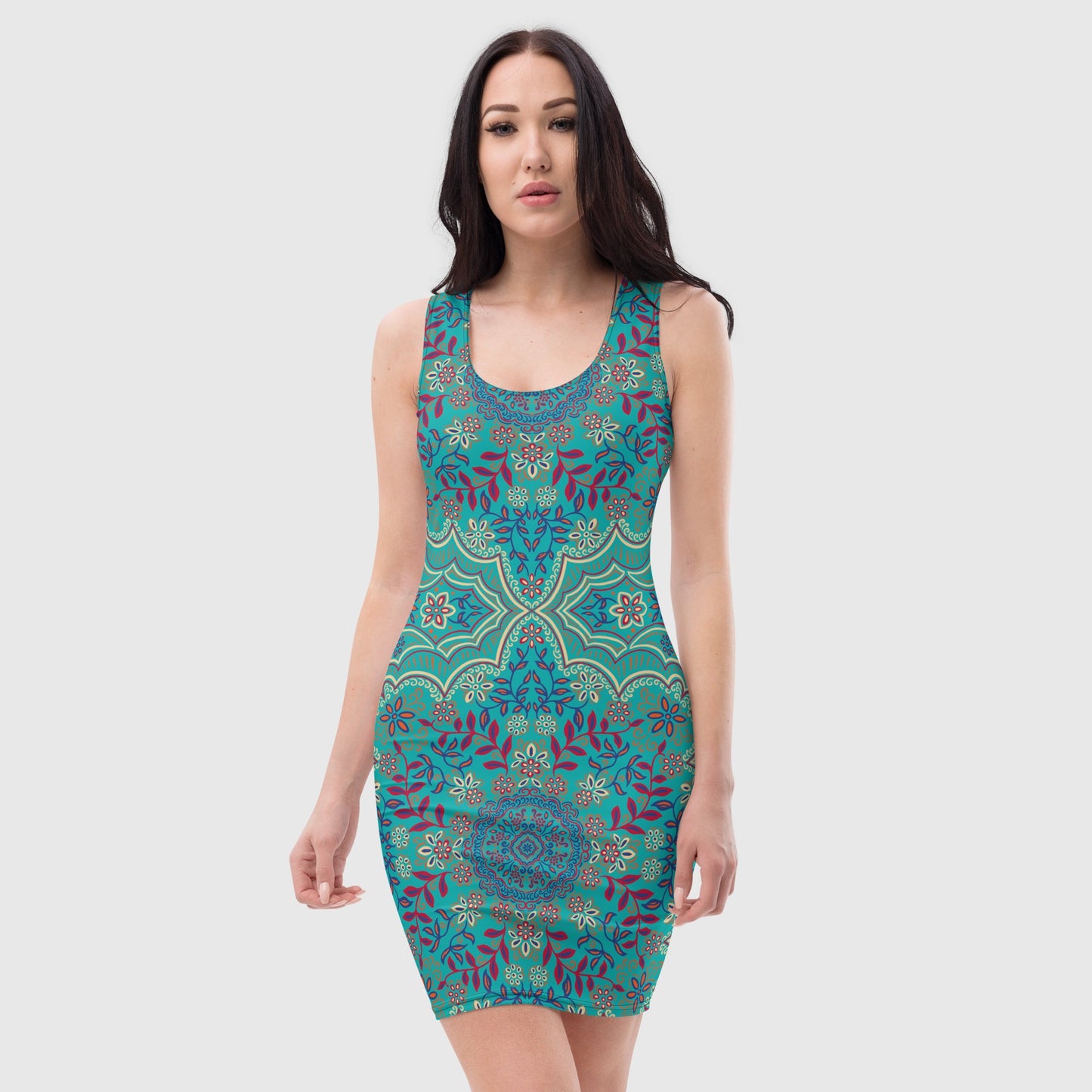 Women's floral bodycon dress, Teal color tank top, sleeveless dress for your favorite party, summer and spring dress - PratSN