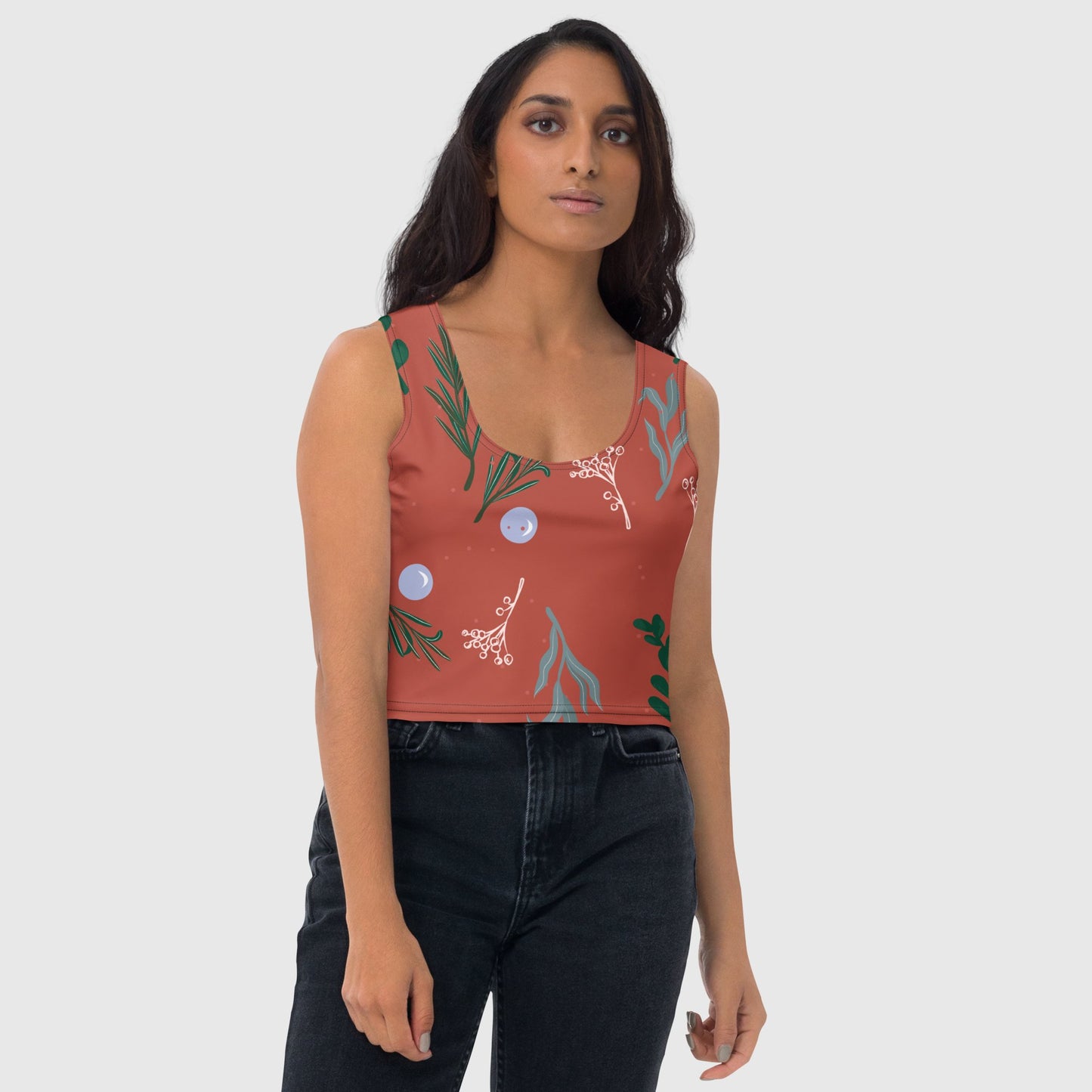Women's brown green Crop Top, Body Hugging Fit, Handmade Top, Rave And Mod Style top, Classic crop top, Casual Crop Top, Fun Tops, Floral Crop Top - PratSN