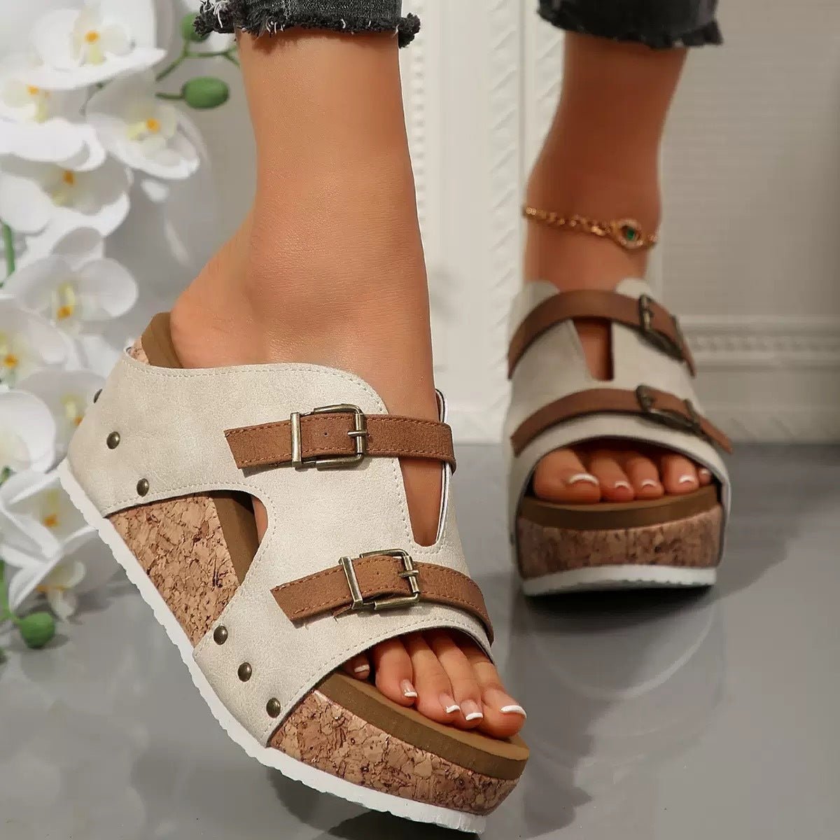 Women's Buckle Wedges Sandals Summer Fish Mouth Thick High Heel Slides Slippers Outdoor Fashion Beach - PratSN