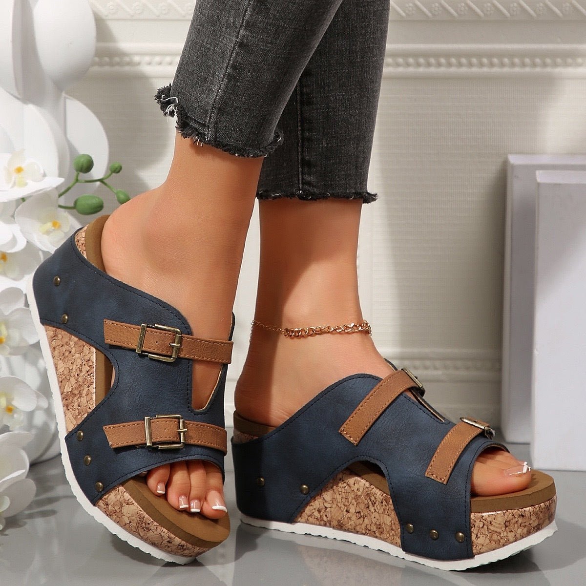 Women's Buckle Wedges Sandals Summer Fish Mouth Thick High Heel Slides Slippers Outdoor Fashion Beach - PratSN