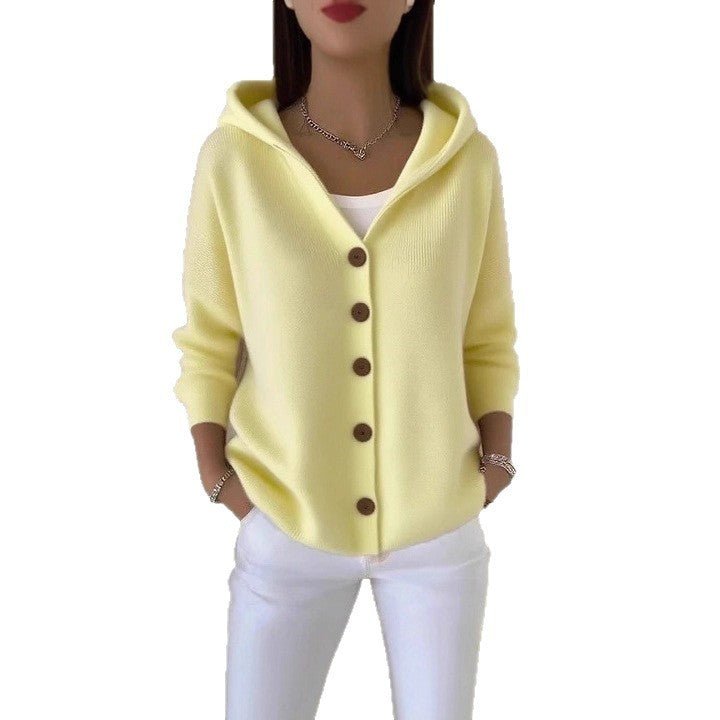 Women's Button Knitted Hooded Sweater Cardigan Coat - PratSN