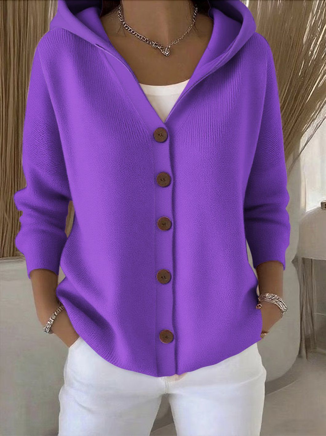Women's Button Knitted Hooded Sweater Cardigan Coat - PratSN