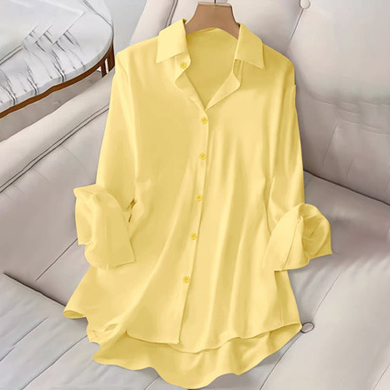 Women's Casual Solid Color Lapel Long Sleeve Shirt Spring Autumn Comfort Full Button Office Blouse - PratSN