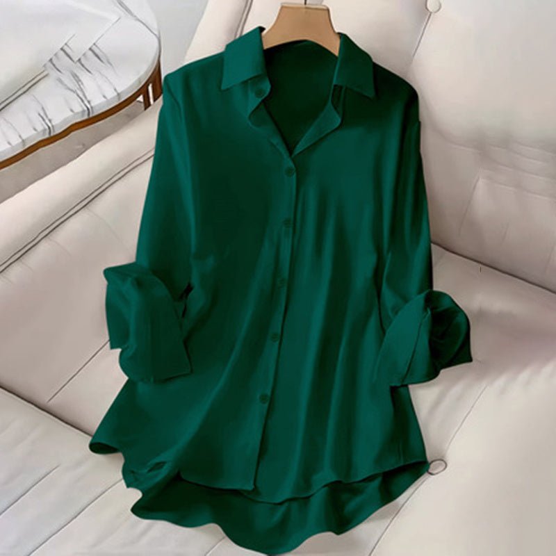 Women's Casual Solid Color Lapel Long Sleeve Shirt Spring Autumn Comfort Full Button Office Blouse - PratSN