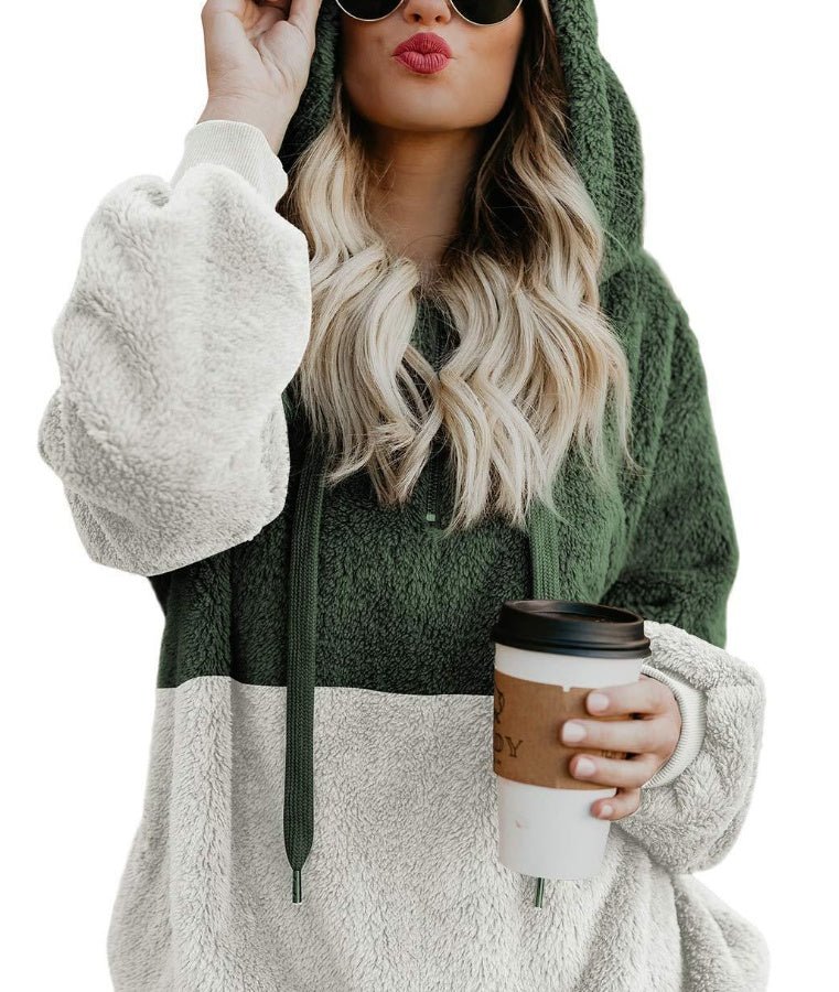 Women's Casual Zipper Patchwork Hooded Sweatshirt Autumn Winter Hooded Warm Loose Tops - PratSN