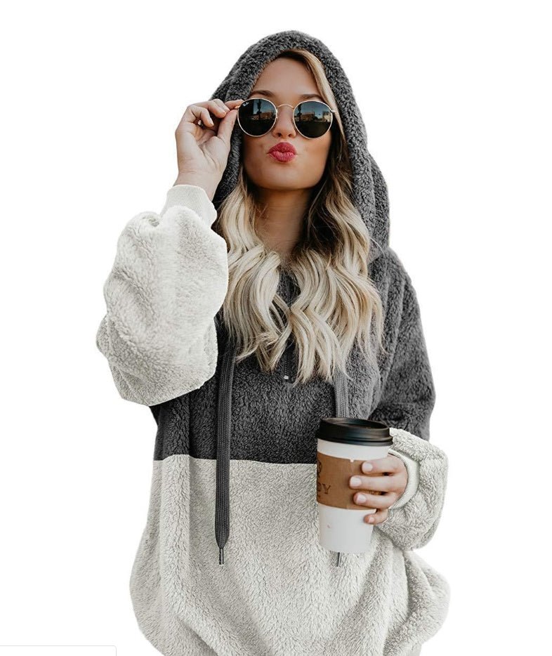 Women's Casual Zipper Patchwork Hooded Sweatshirt Autumn Winter Hooded Warm Loose Tops - PratSN