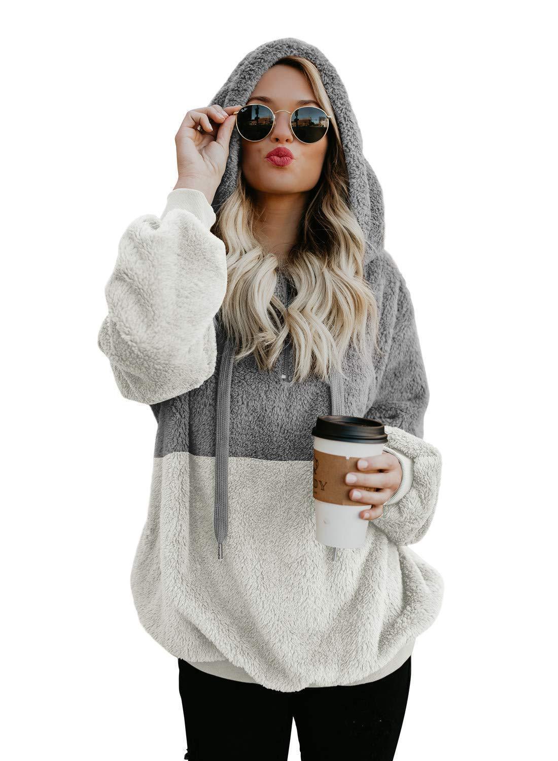 Women's Casual Zipper Patchwork Hooded Sweatshirt Autumn Winter Hooded Warm Loose Tops - PratSN