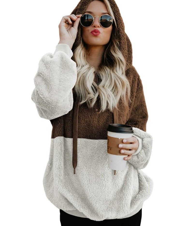 Women's Casual Zipper Patchwork Hooded Sweatshirt Autumn Winter Hooded Warm Loose Tops - PratSN
