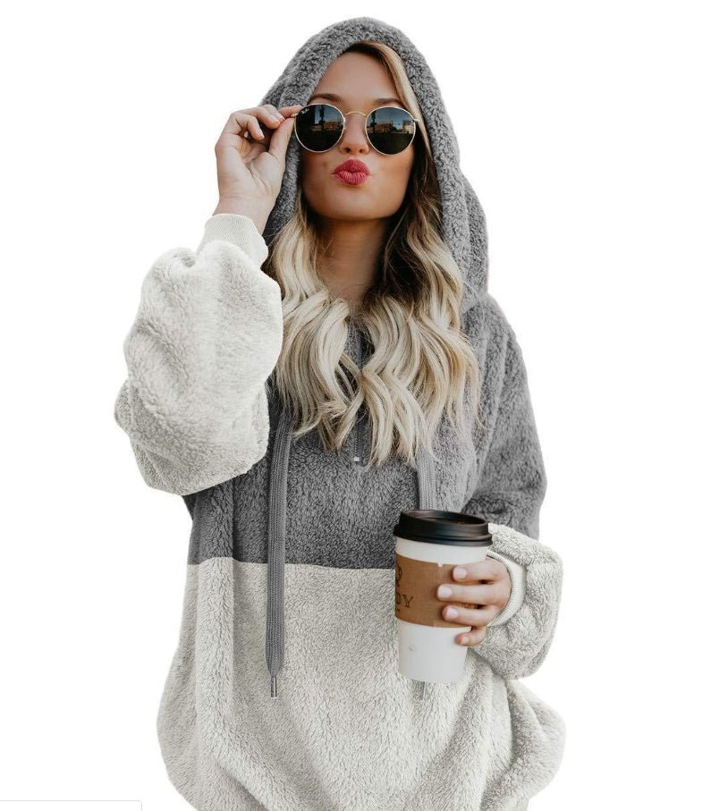 Women's Casual Zipper Patchwork Hooded Sweatshirt Autumn Winter Hooded Warm Loose Tops - PratSN