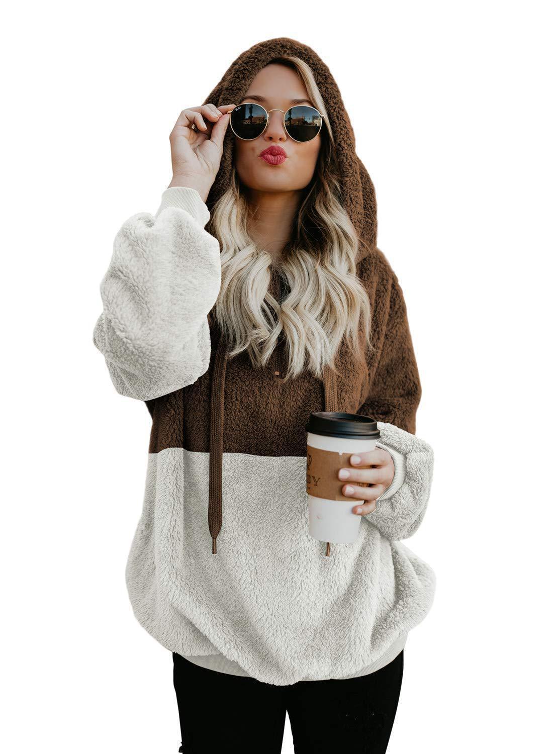 Women's Casual Zipper Patchwork Hooded Sweatshirt Autumn Winter Hooded Warm Loose Tops - PratSN