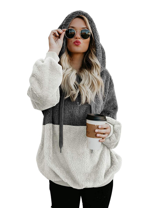 Women's Casual Zipper Patchwork Hooded Sweatshirt Autumn Winter Hooded Warm Loose Tops - PratSN