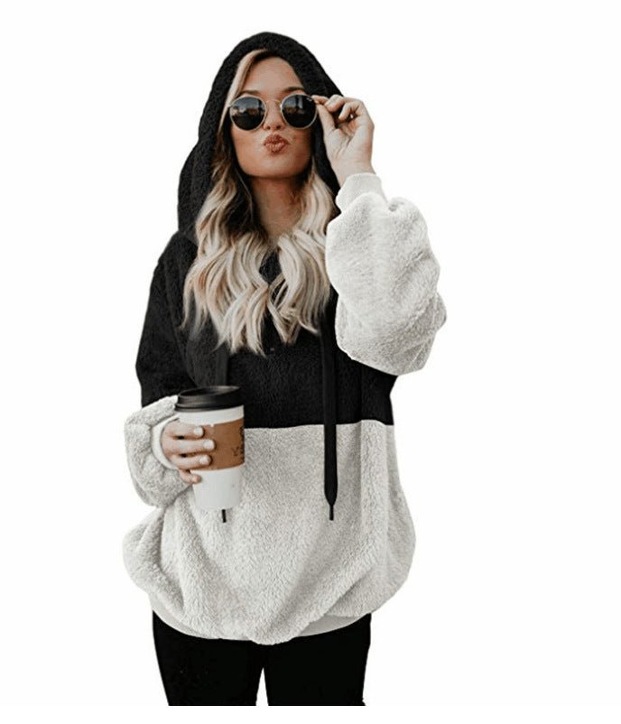 Women's Casual Zipper Patchwork Hooded Sweatshirt Autumn Winter Hooded Warm Loose Tops - PratSN