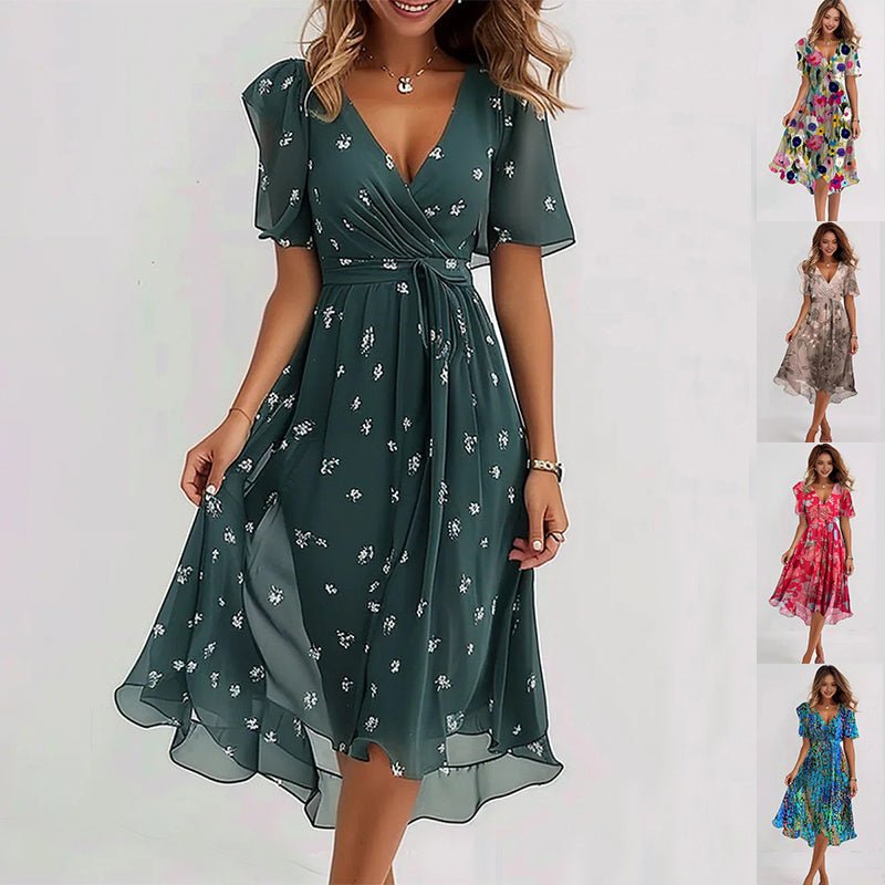 Women's Clothing: Chiffon Printed Short Sleeve Dress, Summer, Elegant V - neck Dresses - PratSN