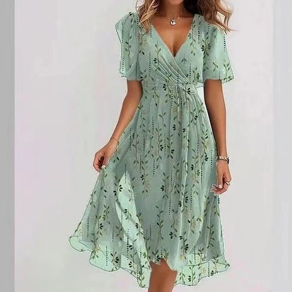 Women's Clothing: Chiffon Printed Short Sleeve Dress, Summer, Elegant V - neck Dresses - PratSN