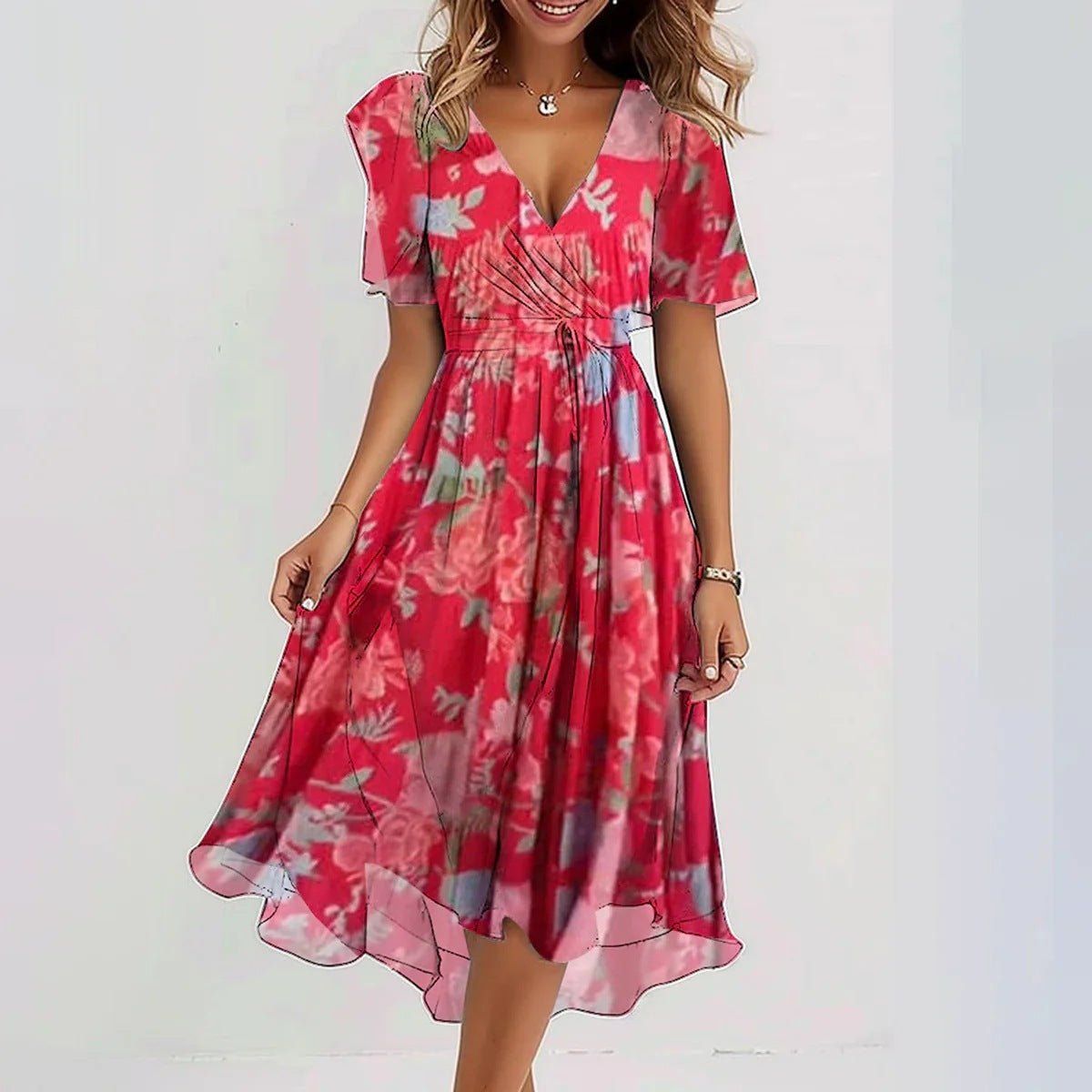 Women's Clothing: Chiffon Printed Short Sleeve Dress, Summer, Elegant V - neck Dresses - PratSN