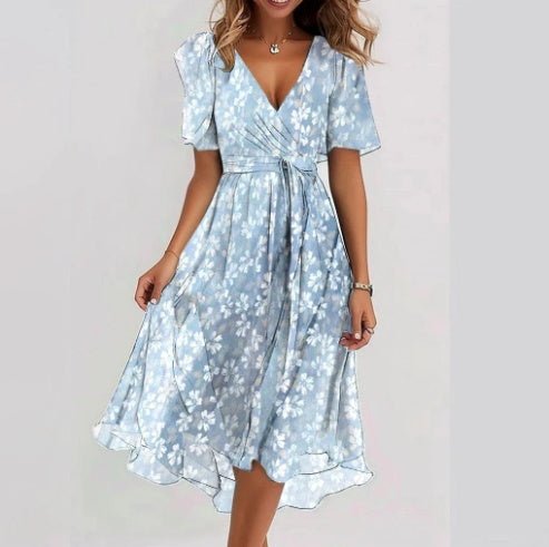 Women's Clothing: Chiffon Printed Short Sleeve Dress, Summer, Elegant V - neck Dresses - PratSN