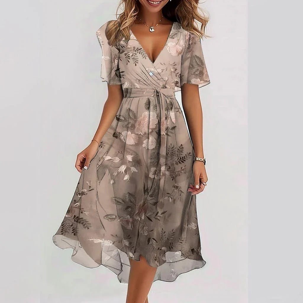 Women's Clothing: Chiffon Printed Short Sleeve Dress, Summer, Elegant V - neck Dresses - PratSN