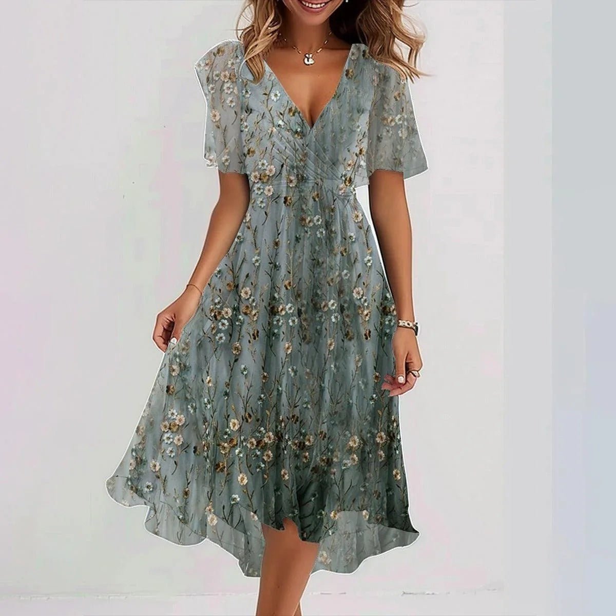 Women's Clothing: Chiffon Printed Short Sleeve Dress, Summer, Elegant V - neck Dresses - PratSN