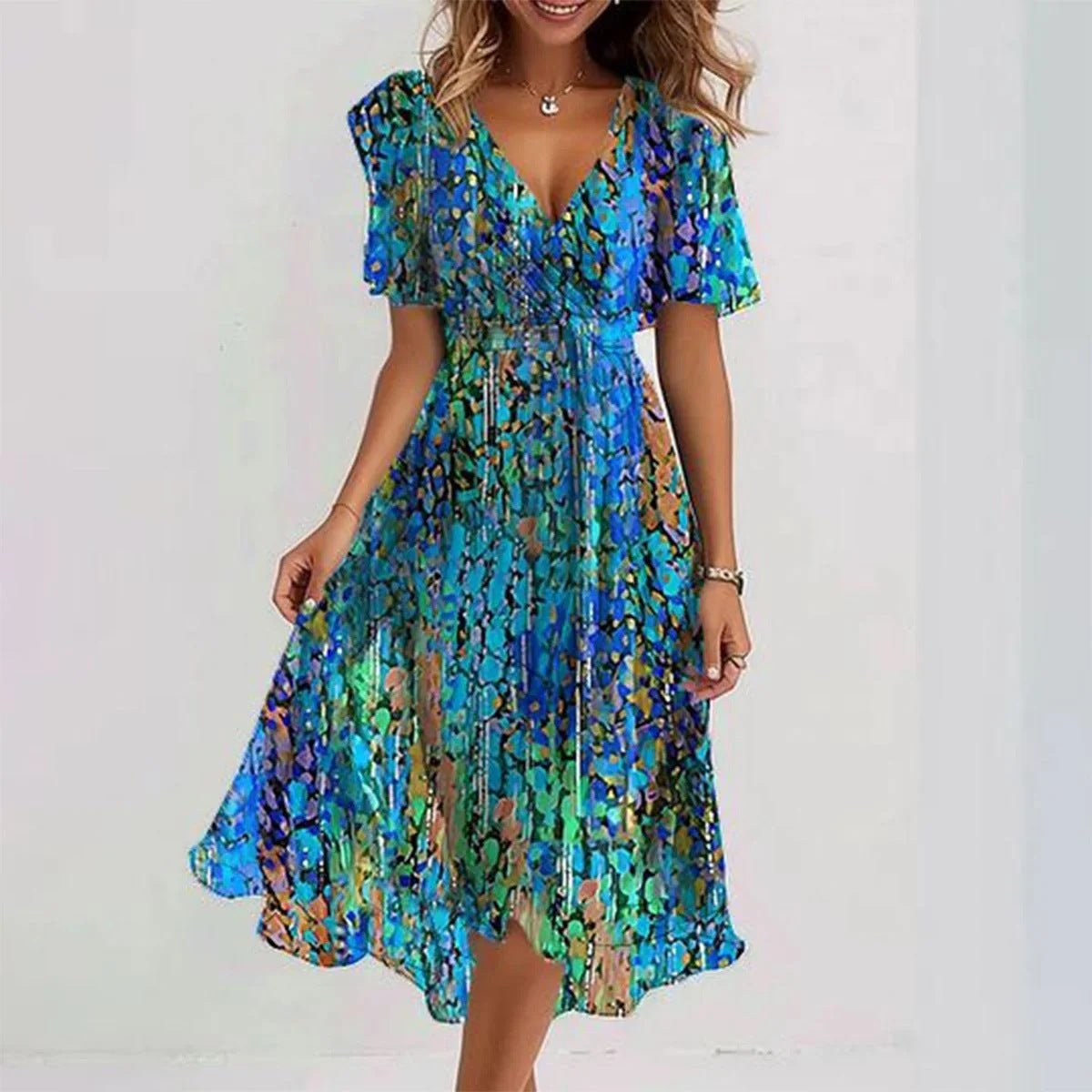 Women's Clothing: Chiffon Printed Short Sleeve Dress, Summer, Elegant V - neck Dresses - PratSN