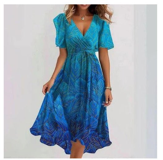 Women's Clothing: Chiffon Printed Short Sleeve Dress, Summer, Elegant V - neck Dresses - PratSN