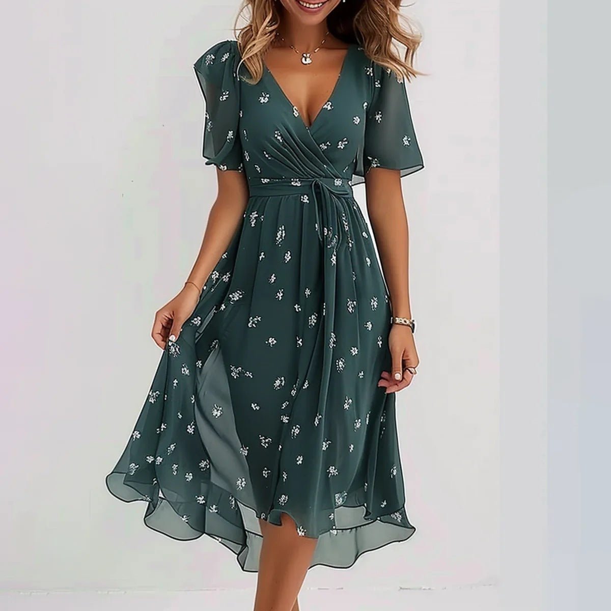 Women's Clothing: Chiffon Printed Short Sleeve Dress, Summer, Elegant V - neck Dresses - PratSN