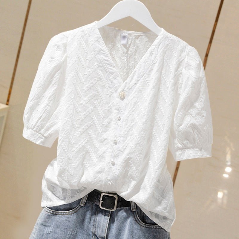 Women's Cotton Embroidered Puff Sleeve Shirt Tops - PratSN