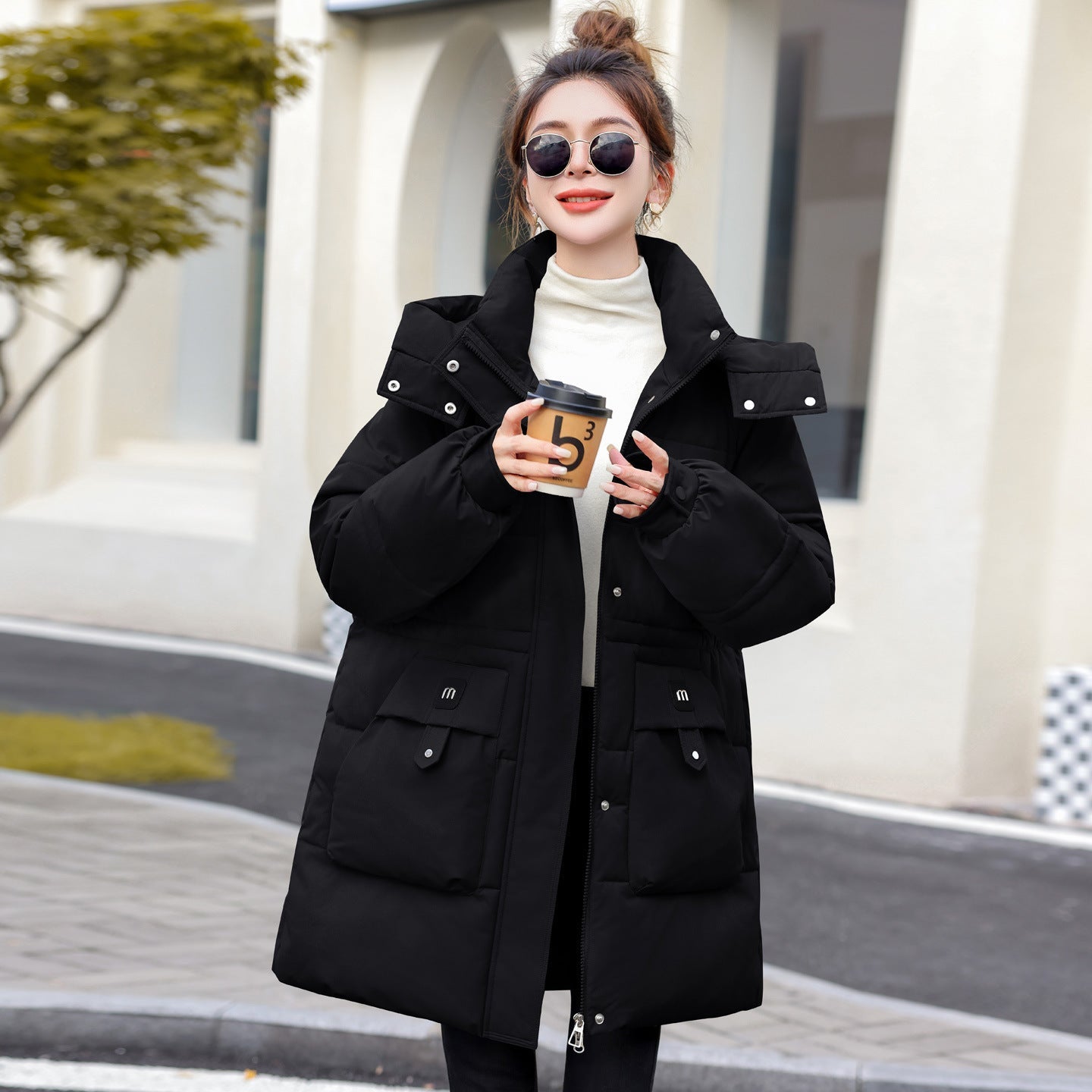 women's Cotton - padded Mid - length Thick Hooded Cotton - padded Jacket - PratSN