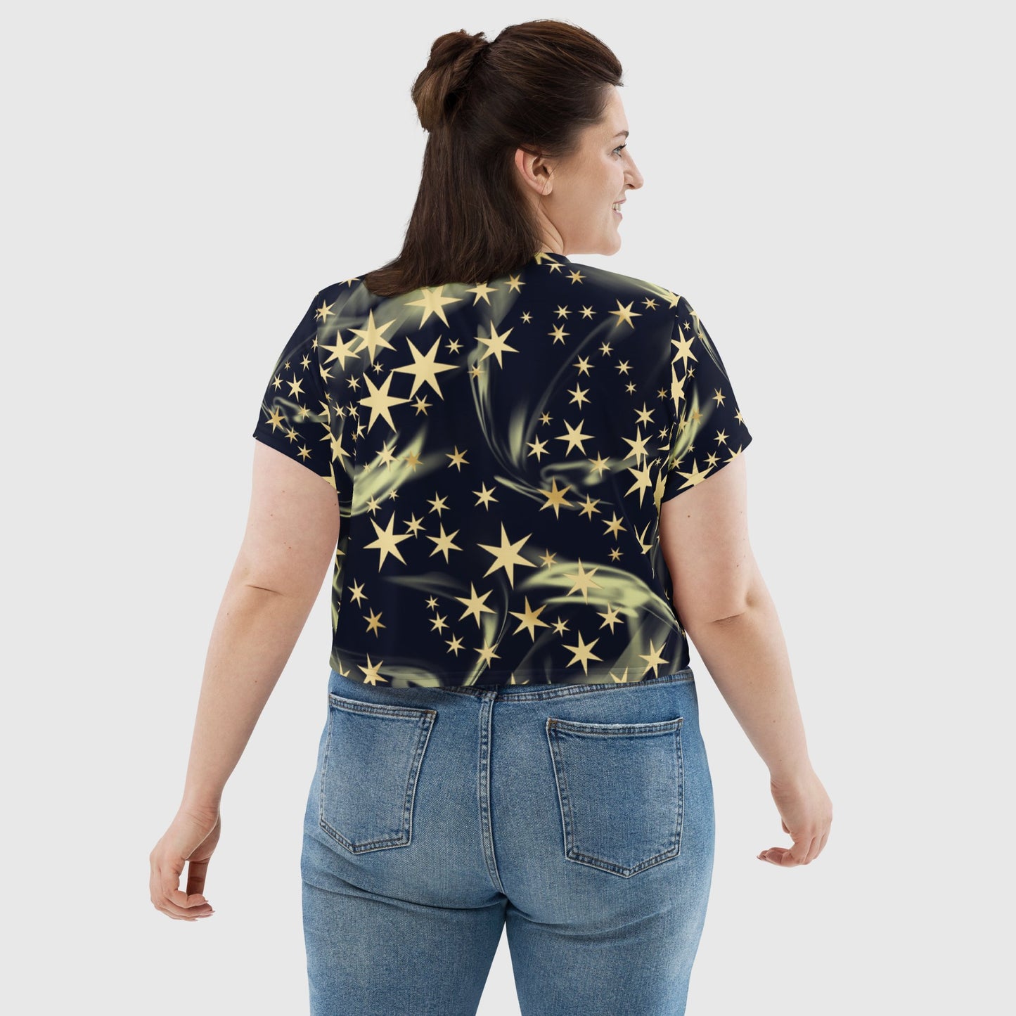 Women's crop tee, Black and golden crop tee, Cut & sew sublimation tee, Star pattern Tee, Trendy crop tee for summer and spring - PratSN