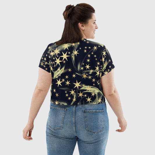 Women's crop tee, Black and golden crop tee, Cut & sew sublimation tee, Star pattern Tee, Trendy crop tee for summer and spring - PratSN