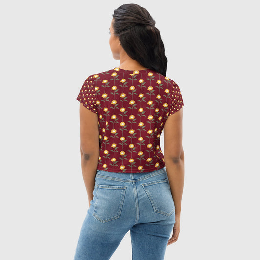 Women's crop tee, Burgundy crop tee, Cut & sew sublimation tee, Blooming pattern Tee, Trendy crop tee for summer and spring - PratSN
