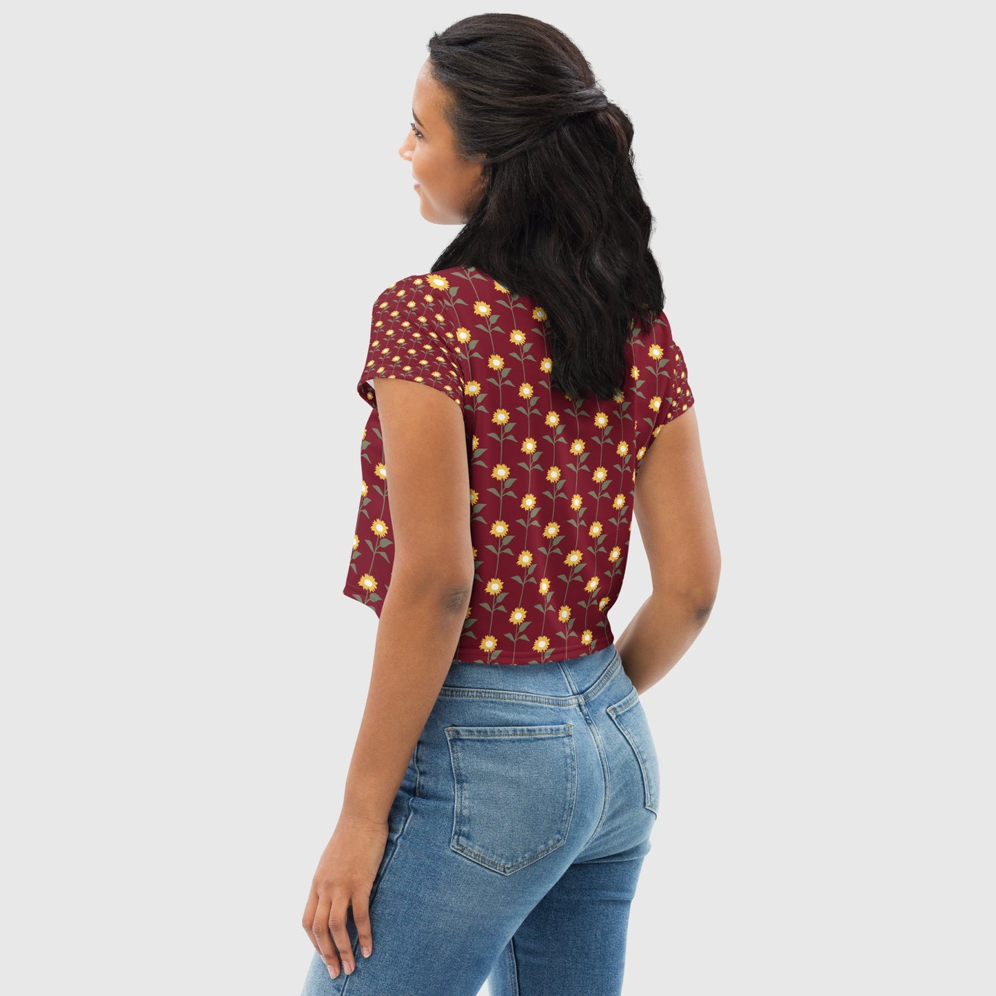 Women's crop tee, Burgundy crop tee, Cut & sew sublimation tee, Blooming pattern Tee, Trendy crop tee for summer and spring - PratSN