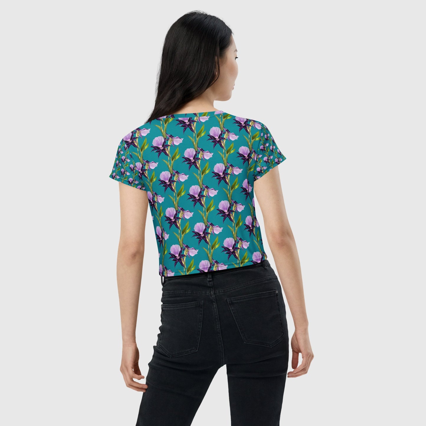 Women's crop tee, Eastern Blue crop tee, Cut & sew sublimation tee, Blooming pattern Tee, Trendy crop tee for summer and spring - PratSN