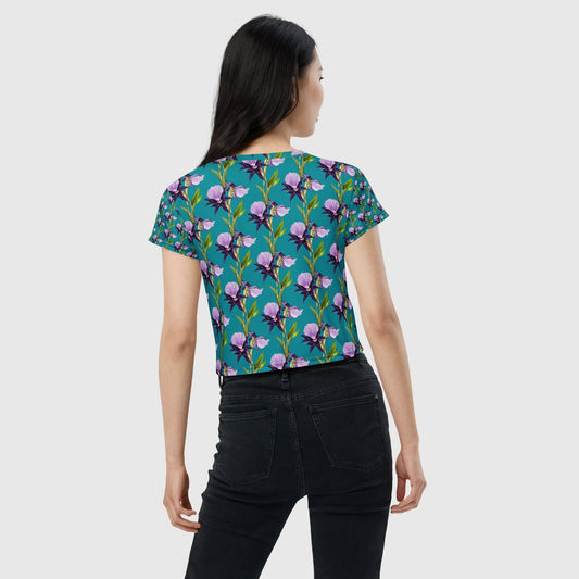 Women's crop tee, Eastern Blue crop tee, Cut & sew sublimation tee, Blooming pattern Tee, Trendy crop tee for summer and spring - PratSN