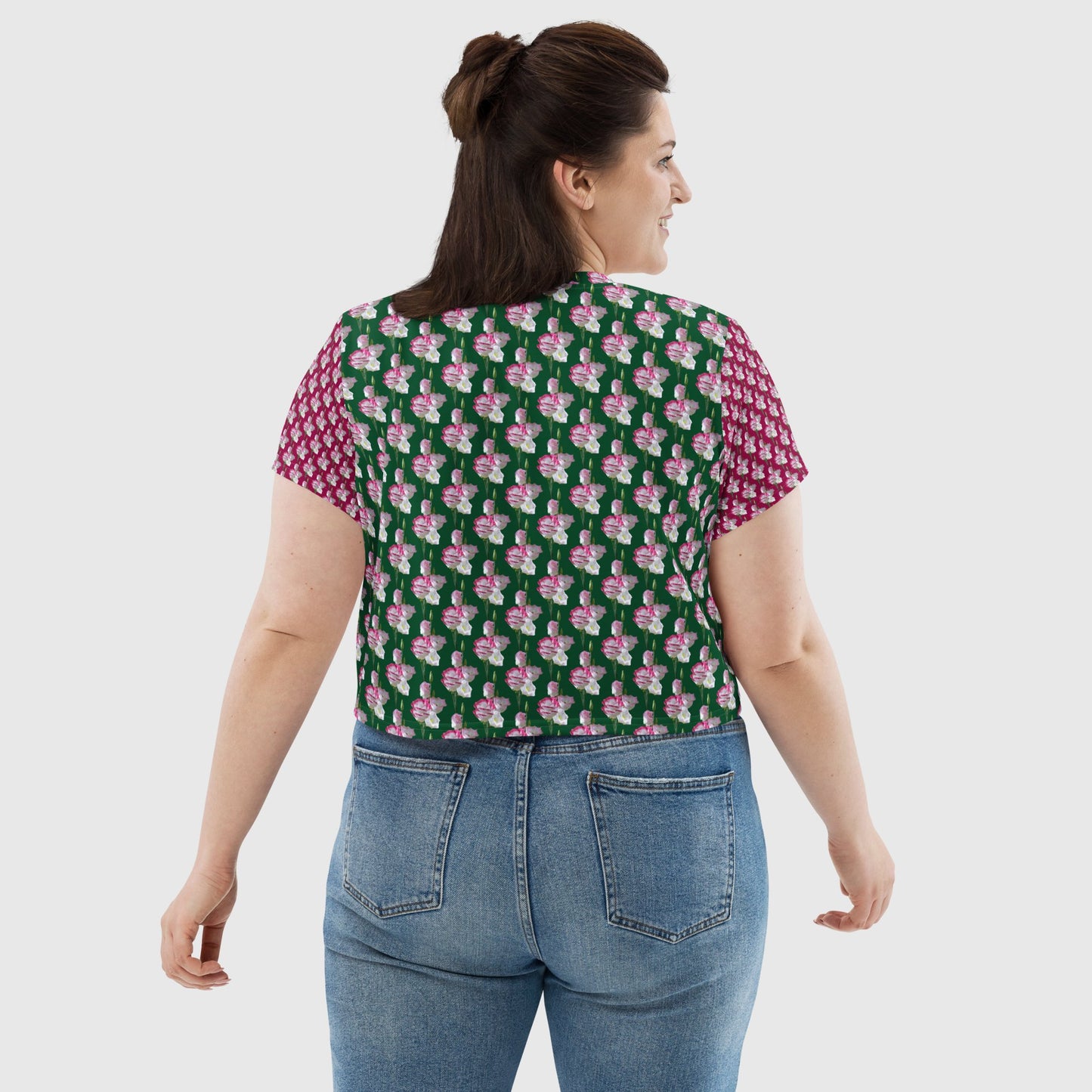 Women's crop tee, Forest Green crop tee, Cut & sew sublimation tee, Blooming pattern Tee, Trendy crop tee for summer and spring - PratSN