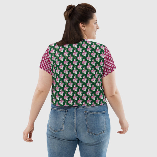Women's crop tee, Forest Green crop tee, Cut & sew sublimation tee, Blooming pattern Tee, Trendy crop tee for summer and spring - PratSN