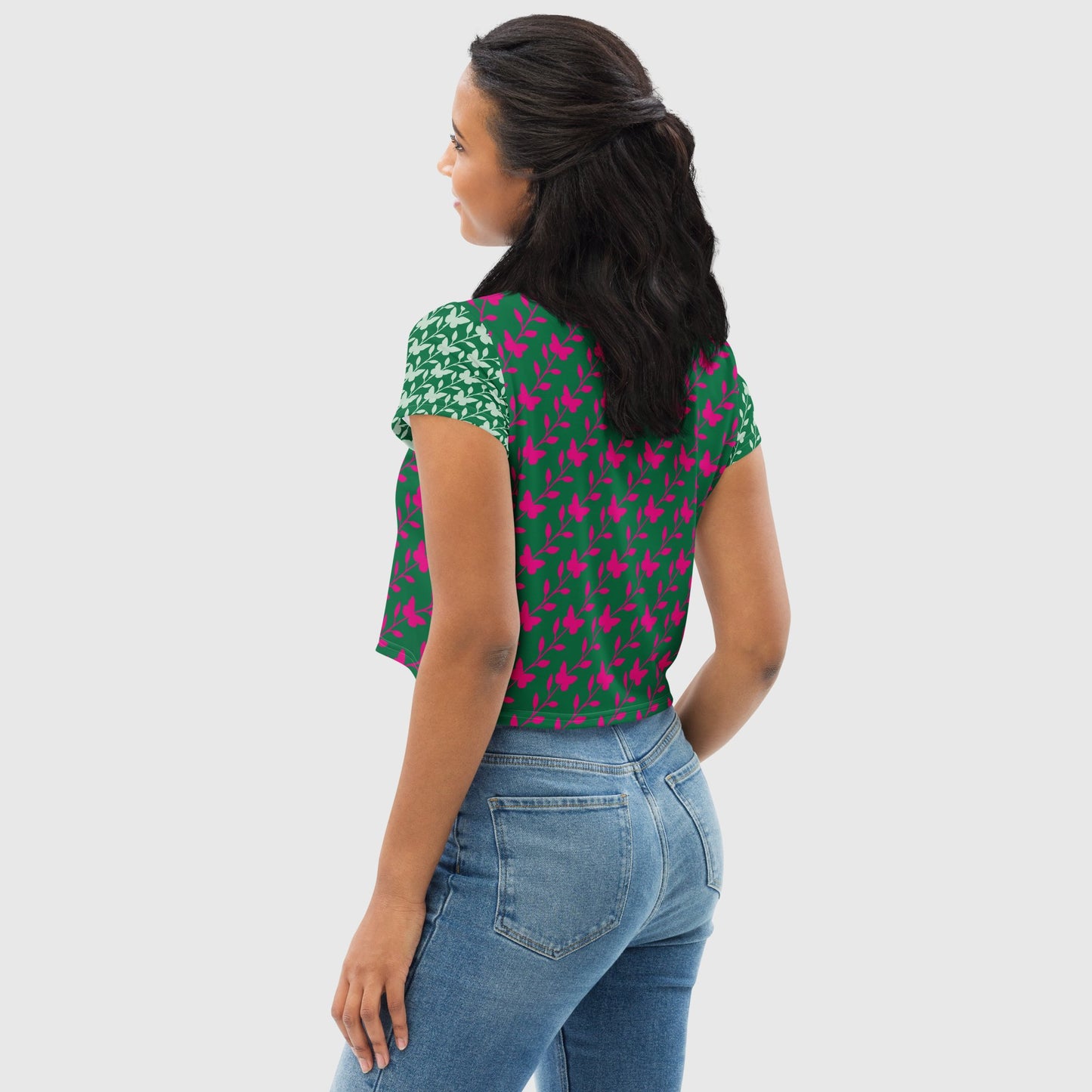 Women's crop tee, Jewel and pink crop tee, Cut & sew sublimation tee, Trendy crop tee for summer and spring - PratSN