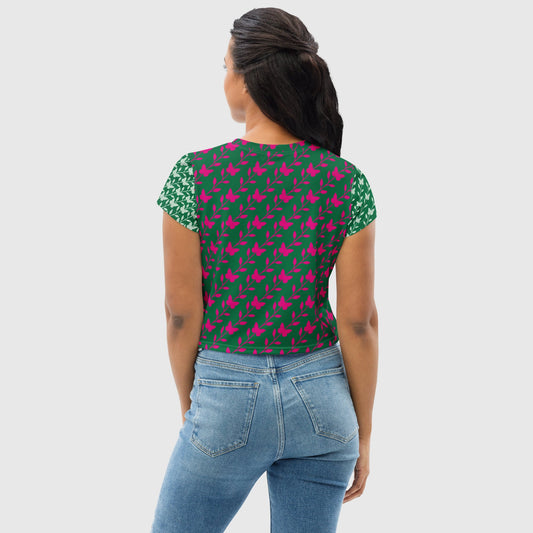 Women's crop tee, Jewel and pink crop tee, Cut & sew sublimation tee, Trendy crop tee for summer and spring - PratSN
