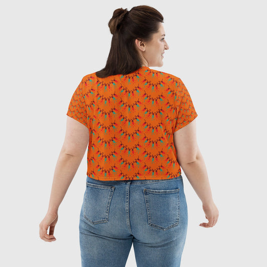 Women's crop tee, Mango Tango crop tee, Cut & sew sublimation tee, Festive pattern, Trendy crop tee for summer and spring - PratSN