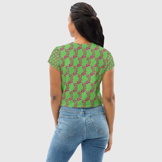 Women's crop tee, Mantis and pink crop tee, Cut & sew sublimation tee, Trendy crop tee for summer and spring - PratSN