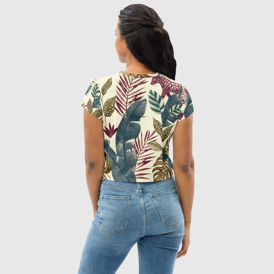 Women's crop tee, Multicolor crop tee, Cut & sew sublimation tee, Leaf pattern Tee, Trendy crop tee for summer and spring - PratSN