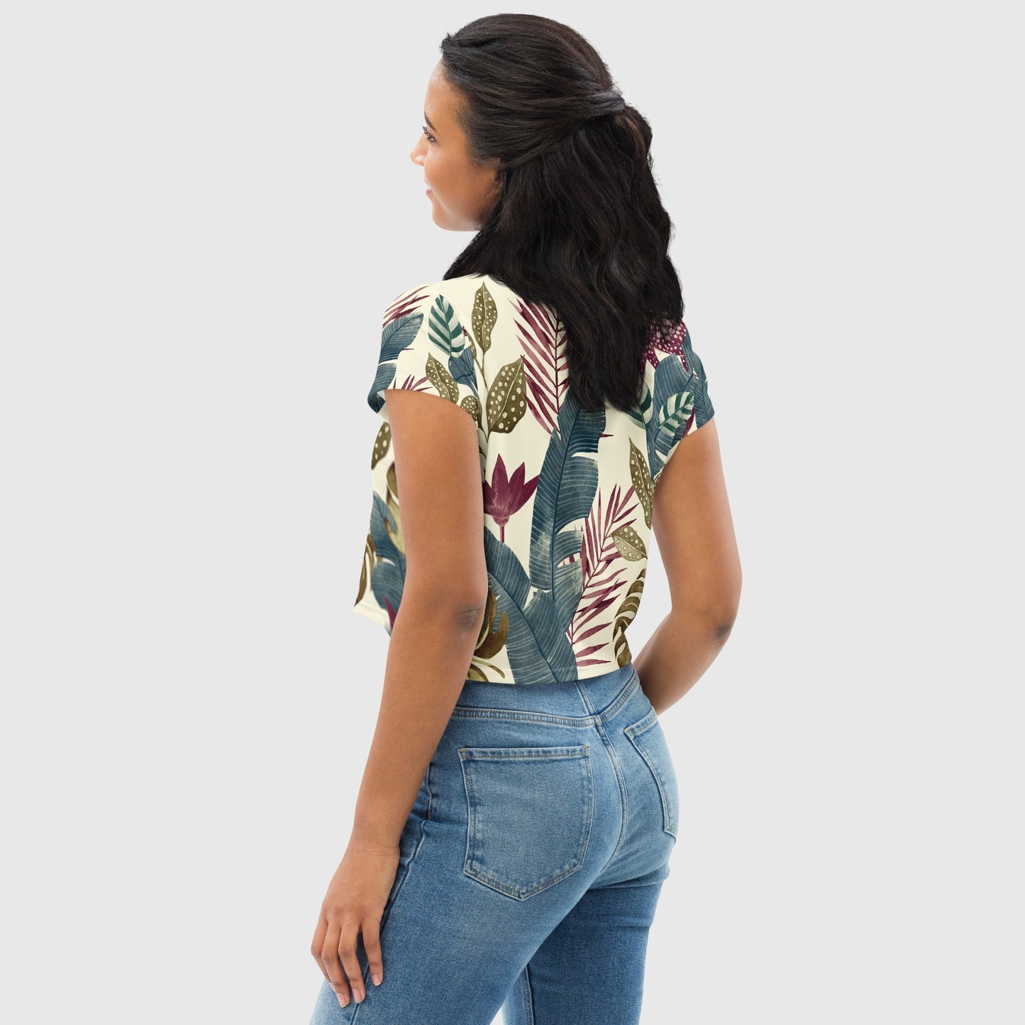 Women's crop tee, Multicolor crop tee, Cut & sew sublimation tee, Leaf pattern Tee, Trendy crop tee for summer and spring - PratSN
