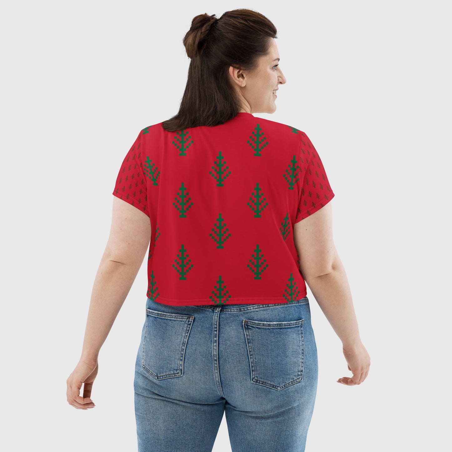 Women's crop tee, Red green crop tee, Cut & sew sublimation tee, Festive pattern Tee, Trendy crop tee for summer and spring - PratSN